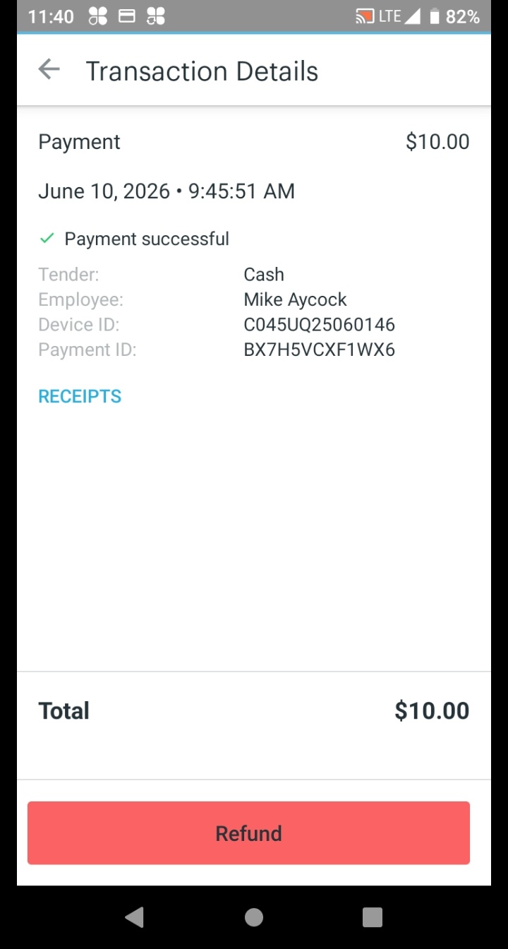 Transaction Details screen showing payment info and a red Refund button.